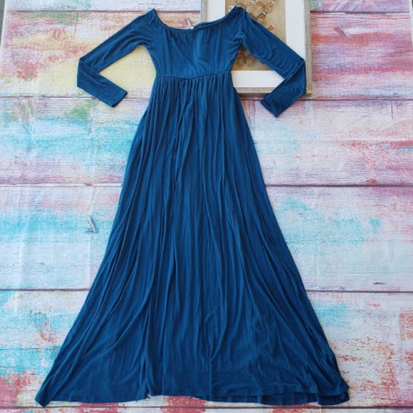 Pinkblush Turquoise Off Shoulder Long Sleeve Jersey Maternity Maxi Dress Medium - Picture 3 of 9